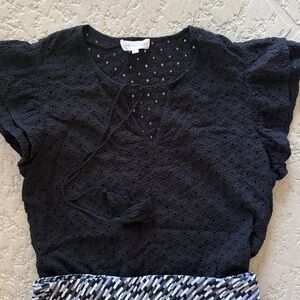 Black Flutter Sleeve Polo Blouse with Ruffled Details
